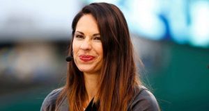 KANSAS CITY, MO - OCTOBER 26: Jessica Mendoza of ESPN speaks on set the day before Game 1 of the 2015 World Series between the Royals and Mets at Kauffman Stadium on October 26, 2015 in Kansas City, Missouri.