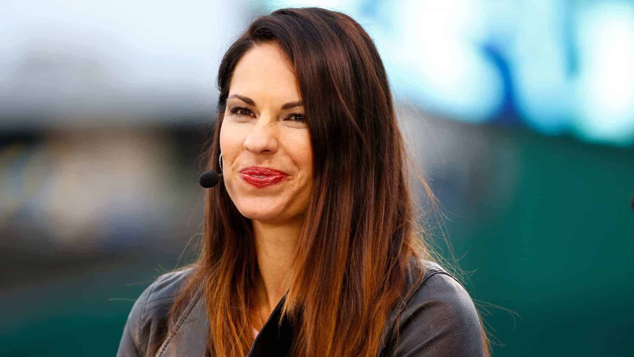 KANSAS CITY, MO - OCTOBER 26: Jessica Mendoza of ESPN speaks on set the day before Game 1 of the 2015 World Series between the Royals and Mets at Kauffman Stadium on October 26, 2015 in Kansas City, Missouri.