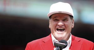 CINCINNATI, OH - JUNE 17: Former Cincinnati Reds great Pete Rose reacts during a statue dedication ceremony prior to a game against the Los Angeles Dodgers at Great American Ball Park on June 17, 2017 in Cincinnati, Ohio. The Dodgers defeated the Reds 10-2.