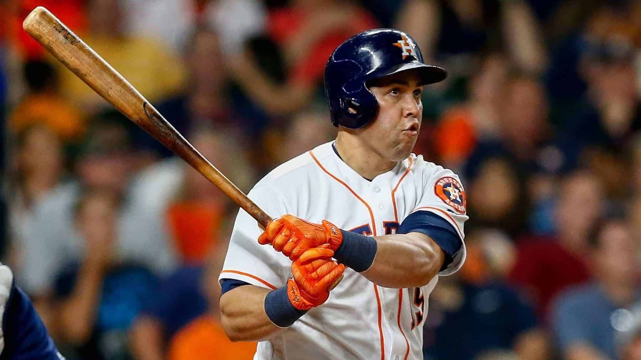 HOUSTON, TX - AUGUST 01: Carlos Beltran #15 of the Houston Astros hits a home run in the fifth inning against the Tampa Bay Rays at Minute Maid Park on August 1, 2017 in Houston, Texas.