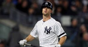 NEW YORK, NY - OCTOBER 16: Brett Gardner #11 of the New York Yankees reacts after striking out against Charlie Morton #50 the Houston Astros during the first inning in Game Three of the American League Championship Series at Yankee Stadium on October 16, 2017 in the Bronx borough of New York City.