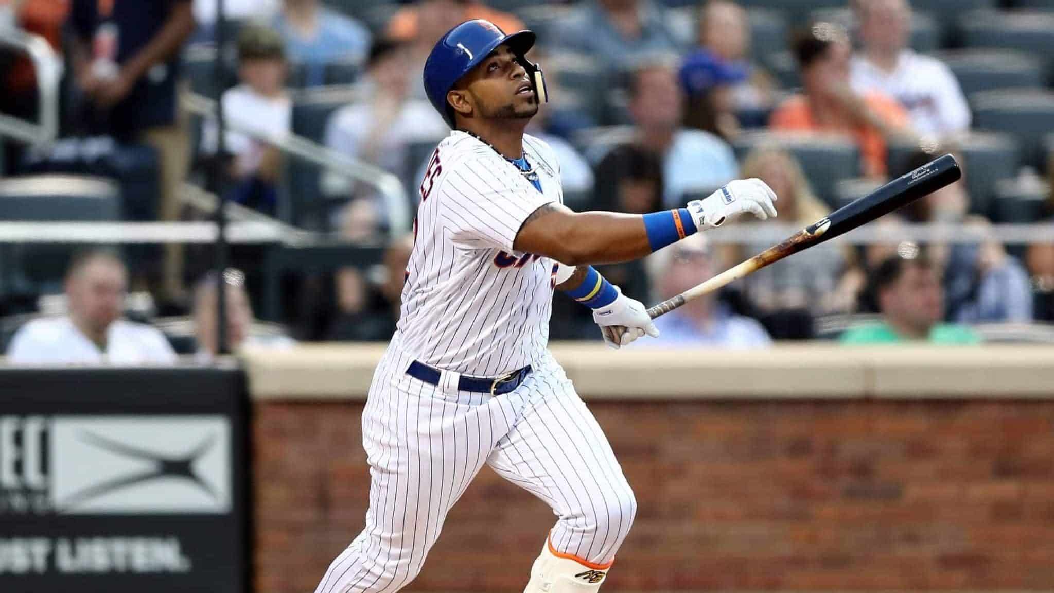 NEW YORK, NY - MAY 02: Yoenis Cespedes #52 of the New York Mets hits a double in the first inning against the Atlanta Braves on May 2, 2018 at Citi Field in the Flushing neighborhood of the Queens borough of New York City.