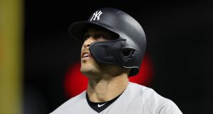 MINNEAPOLIS, MINNESOTA - OCTOBER 07: Giancarlo Stanton #27 of the New York Yankees reacts after striking out against the Minnesota Twins in the second inning of game three of the American League Division Series at Target Field on October 07, 2019 in Minneapolis, Minnesota.