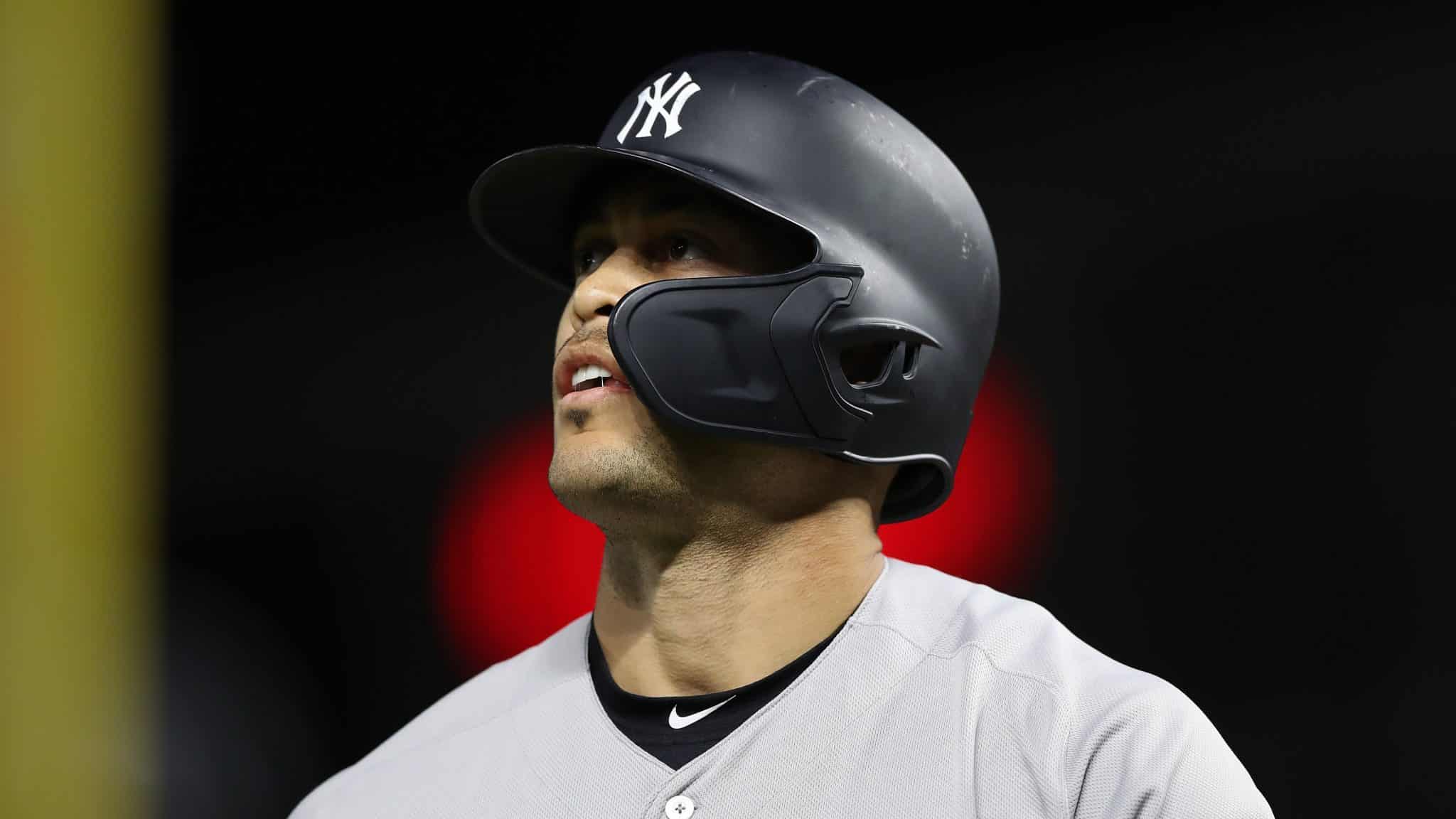 MINNEAPOLIS, MINNESOTA - OCTOBER 07: Giancarlo Stanton #27 of the New York Yankees reacts after striking out against the Minnesota Twins in the second inning of game three of the American League Division Series at Target Field on October 07, 2019 in Minneapolis, Minnesota.