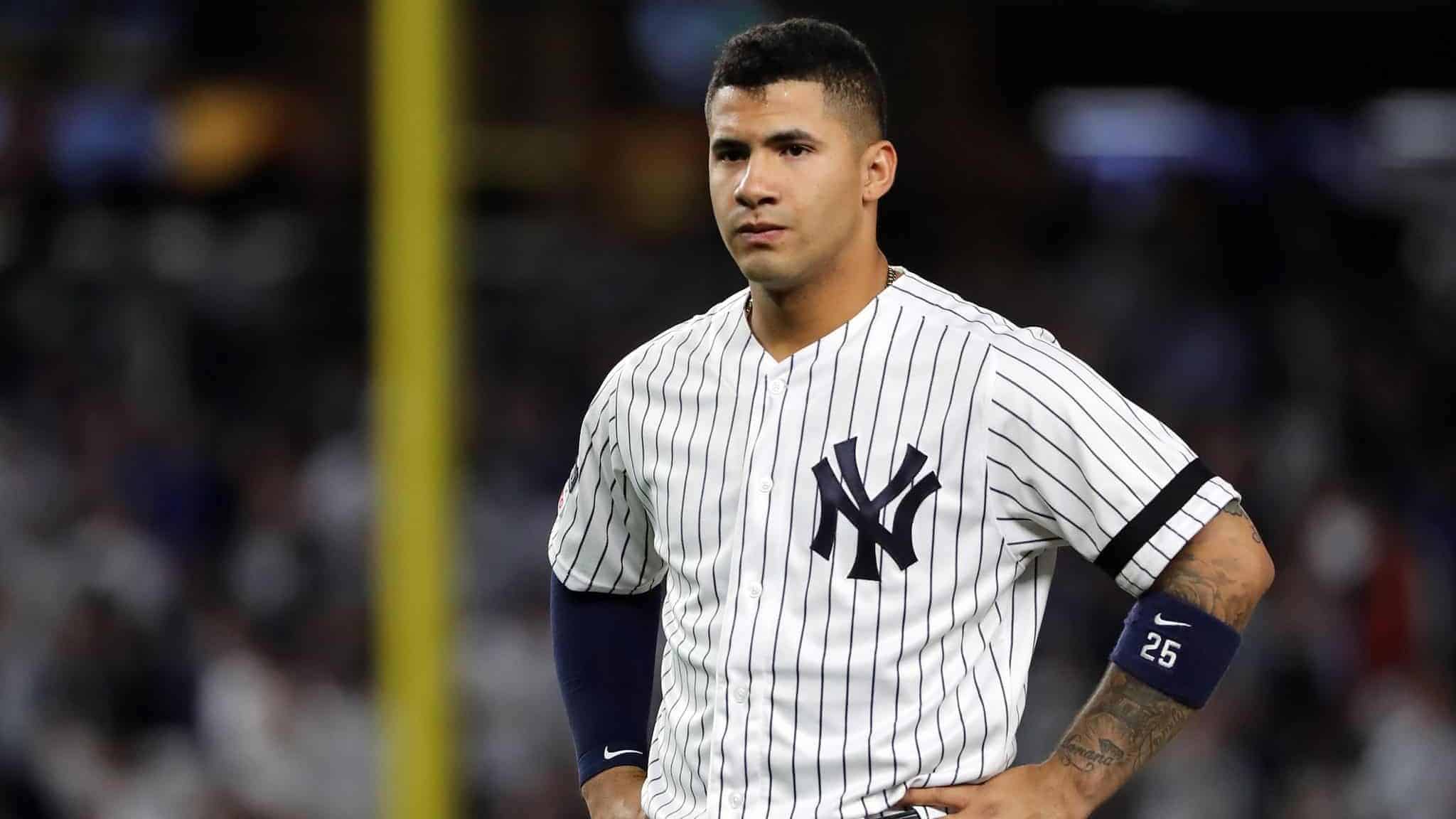 NEW YORK, NEW YORK - OCTOBER 15: Gleyber Torres #25 of the New York Yankees reacts during the fifth inning against the Houston Astros in game three of the American League Championship Series at Yankee Stadium on October 15, 2019 in New York City.