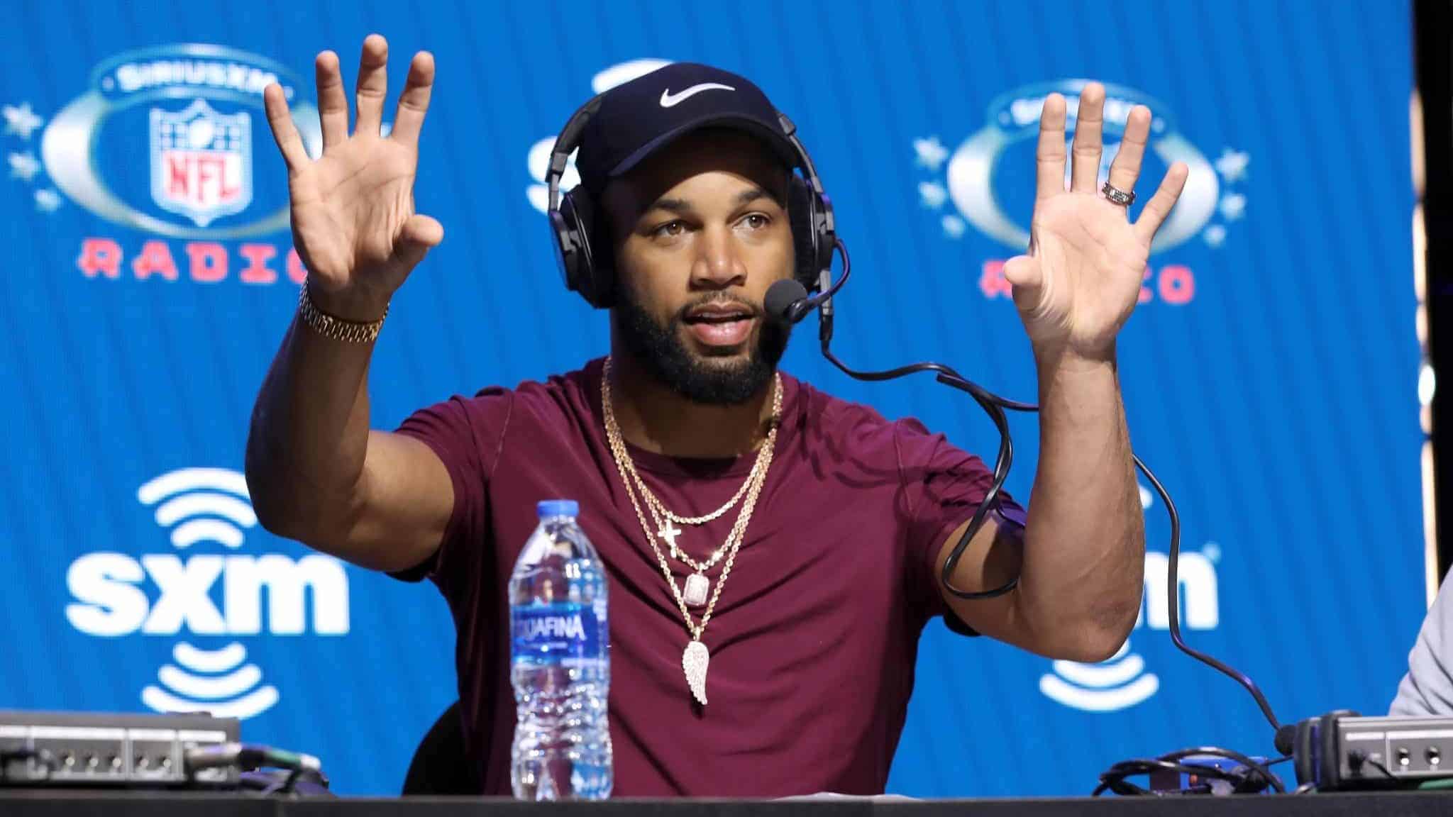 MIAMI, FLORIDA - JANUARY 31: NFL wide receiver Golden Tate of the New York Giants speaks onstage during day 3 of SiriusXM at Super Bowl LIV on January 31, 2020 in Miami, Florida.
