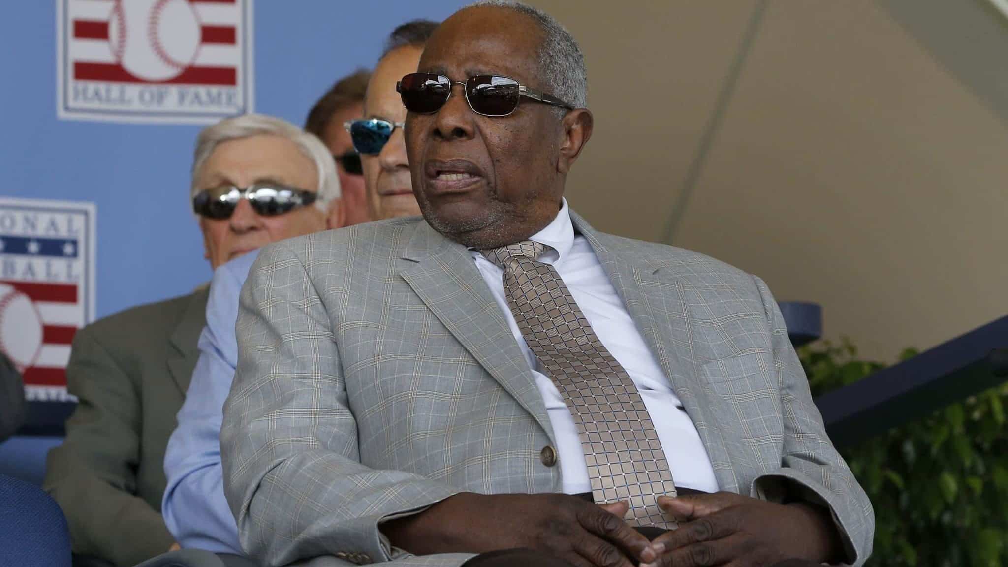 COOPERSTOWN, NEW YORK - JULY 21: Baseball icon Hank Aaron looks on during the Baseball Hall of Fame induction ceremony at Clark Sports Center on July 21, 2019 in Cooperstown, New York.
