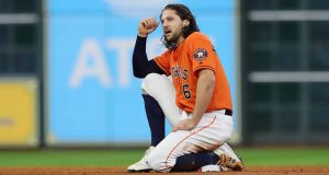 HOUSTON, TEXAS - OCTOBER 30: Jake Marisnick #6 of the Houston Astros reacts after being thrown out in a double play against the Washington Nationals during the sixth inning in Game Seven of the 2019 World Series at Minute Maid Park on October 30, 2019 in Houston, Texas.