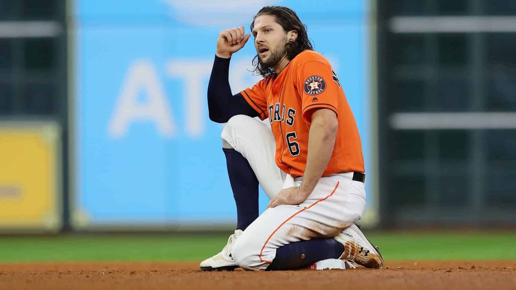 HOUSTON, TEXAS - OCTOBER 30: Jake Marisnick #6 of the Houston Astros reacts after being thrown out in a double play against the Washington Nationals during the sixth inning in Game Seven of the 2019 World Series at Minute Maid Park on October 30, 2019 in Houston, Texas.
