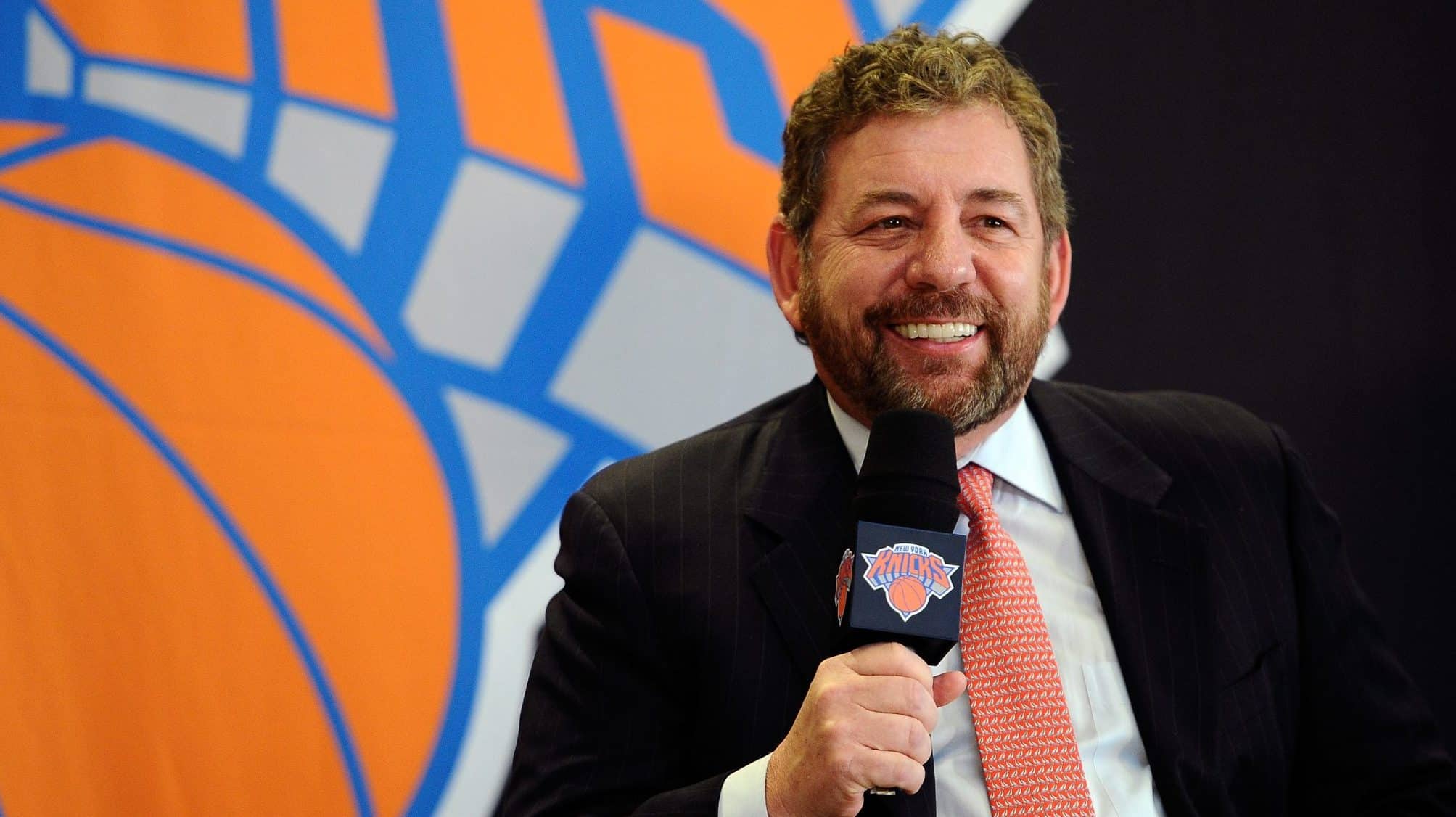 NEW YORK, NY - MARCH 18: James Dolan, Executive Chairman of Madison Square Garden, answers questions during the press conference to introduce Phil Jackson as President of the New York Knicks at Madison Square Garden on March 18, 2014 in New York City.