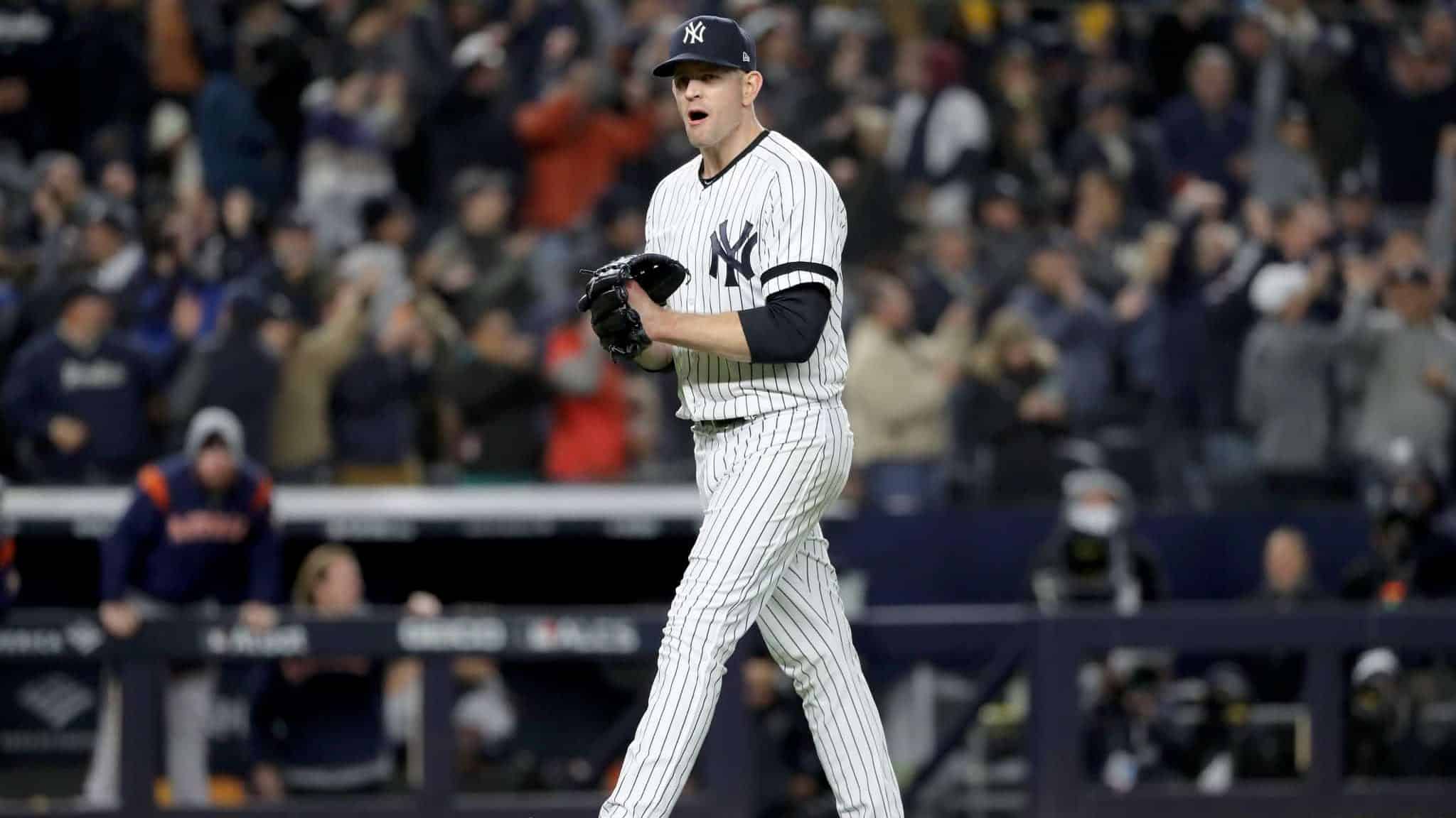NEW YORK, NEW YORK - OCTOBER 18: James Paxton #65 of the New York Yankees reacts after retiring the Houston Astros during the eighth inning in game five of the American League Championship Series at Yankee Stadium on October 18, 2019 in New York City.