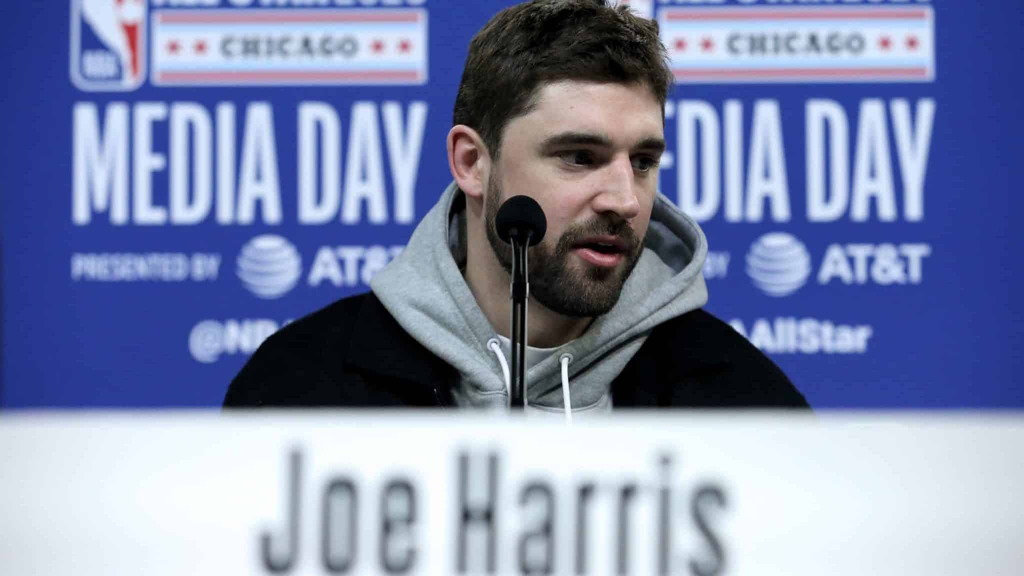 CHICAGO, ILLINOIS - FEBRUARY 15: Joe Harris of the Brooklyn Nets speaks to the media during 2020 NBA All-Star - Practice & Media Day at Wintrust Arena on February 15, 2020 in Chicago, Illinois. NOTE TO USER: User expressly acknowledges and agrees that, by downloading and or using this photograph, User is consenting to the terms and conditions of the Getty Images License Agreement.