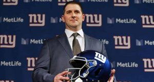 EAST RUTHERFORD, NJ - JANUARY 09: Joe Judge poses with a helmet after he was introduced as the new head coach of the New York Giants during a news conference at MetLife Stadium on January 9, 2020 in East Rutherford, New Jersey.