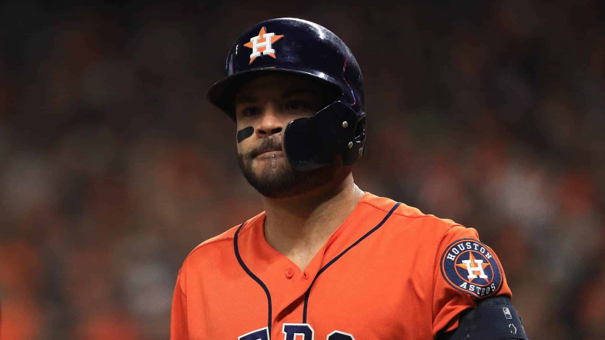 HOUSTON, TEXAS - OCTOBER 30: Jose Altuve #27 of the Houston Astros reacts after he lines out against the Washington Nationals during the fourth inning in Game Seven of the 2019 World Series at Minute Maid Park on October 30, 2019 in Houston, Texas.