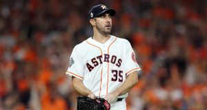 HOUSTON, TEXAS - OCTOBER 29: Justin Verlander #35 of the Houston Astros looks on against the Washington Nationals during the second inning in Game Six of the 2019 World Series at Minute Maid Park on October 29, 2019 in Houston, Texas.