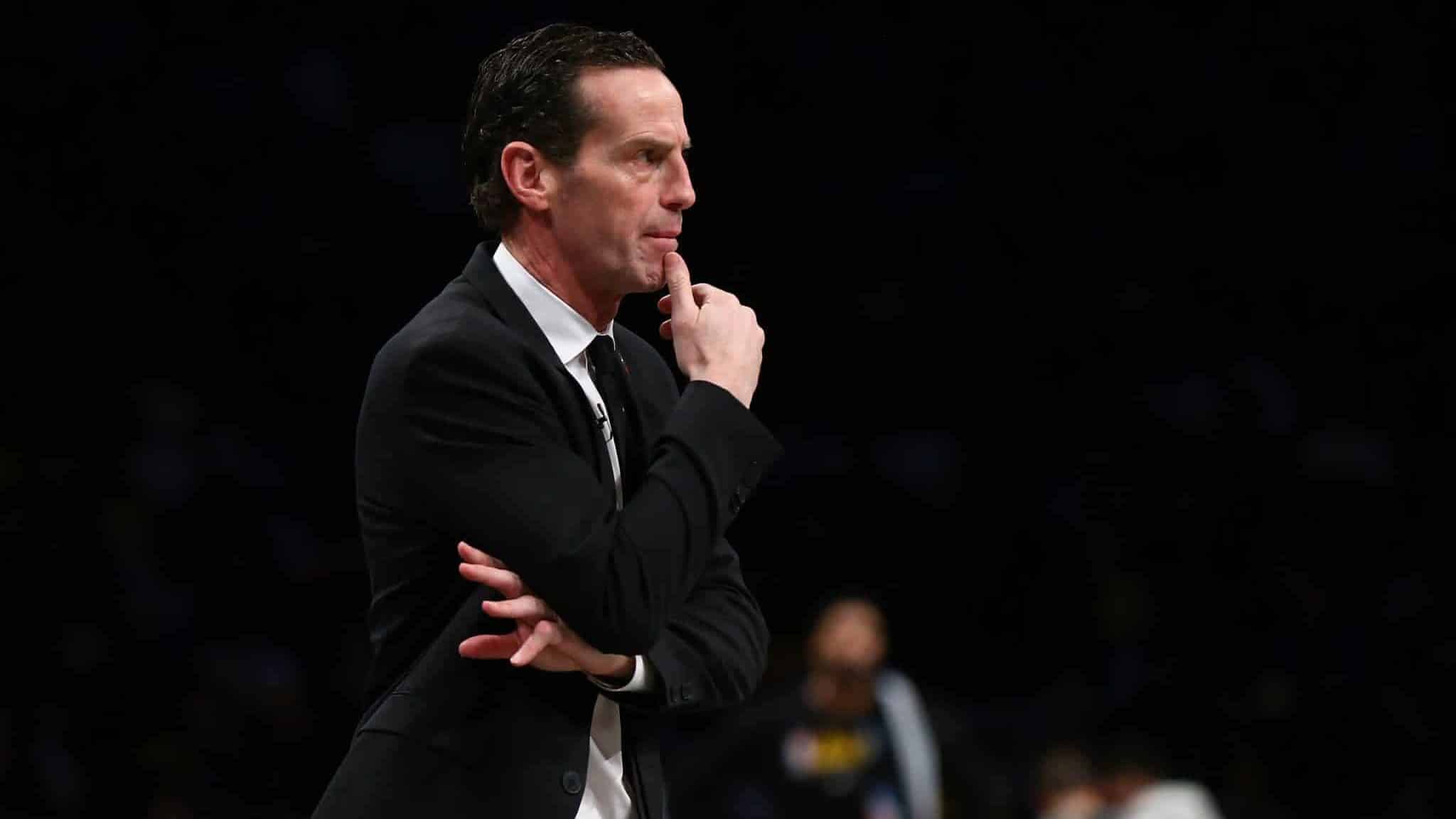 NEW YORK, NEW YORK - JANUARY 23: Head Coach Kenny Atkinson of the Brooklyn Nets looks on against the Los Angeles Lakers at Barclays Center on January 23, 2020 in New York City. NOTE TO USER: User expressly acknowledges and agrees that, by downloading and or using this photograph, User is consenting to the terms and conditions of the Getty Images License Agreement.