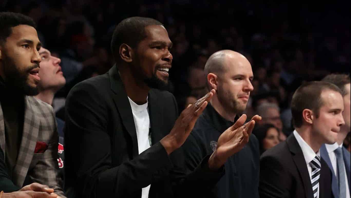 NEW YORK, NEW YORK - JANUARY 18: Kevin Durant #7 of the Brooklyn Nets looks on against the Milwaukee Bucks during their game at Barclays Center on January 18, 2020 in New York City. NOTE TO USER: User expressly acknowledges and agrees that, by downloading and/or using this photograph, user is consenting to the terms and conditions of the Getty Images License Agreement.