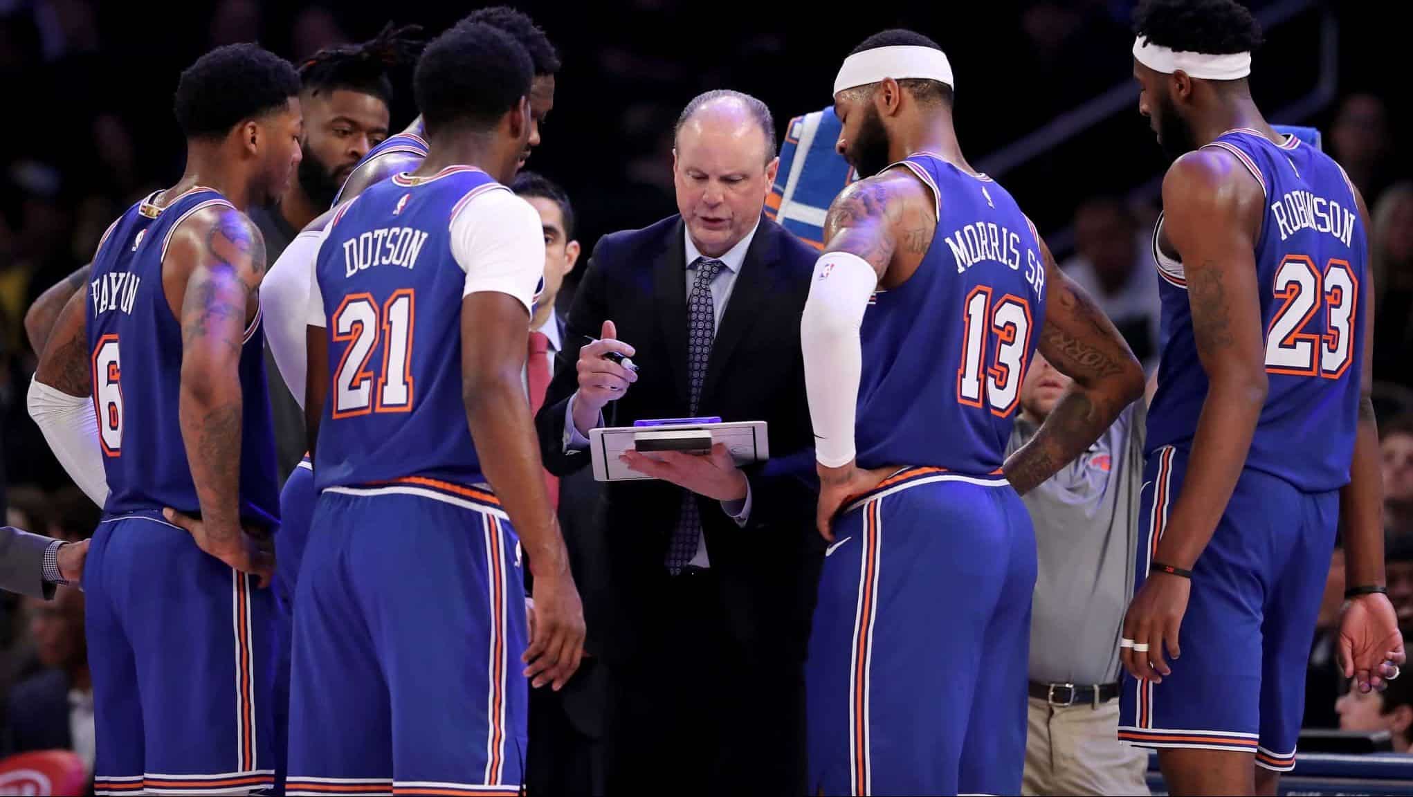 NEW YORK, NEW YORK - JANUARY 22: Mike Miller of the New York Knicks talks to his players during a time out in the fourth quarter against the Los Angeles Lakers at Madison Square Garden on January 22, 2020 in New York City.NOTE TO USER: User expressly acknowledges and agrees that, by downloading and or using this photograph, User is consenting to the terms and conditions of the Getty Images License Agreement.