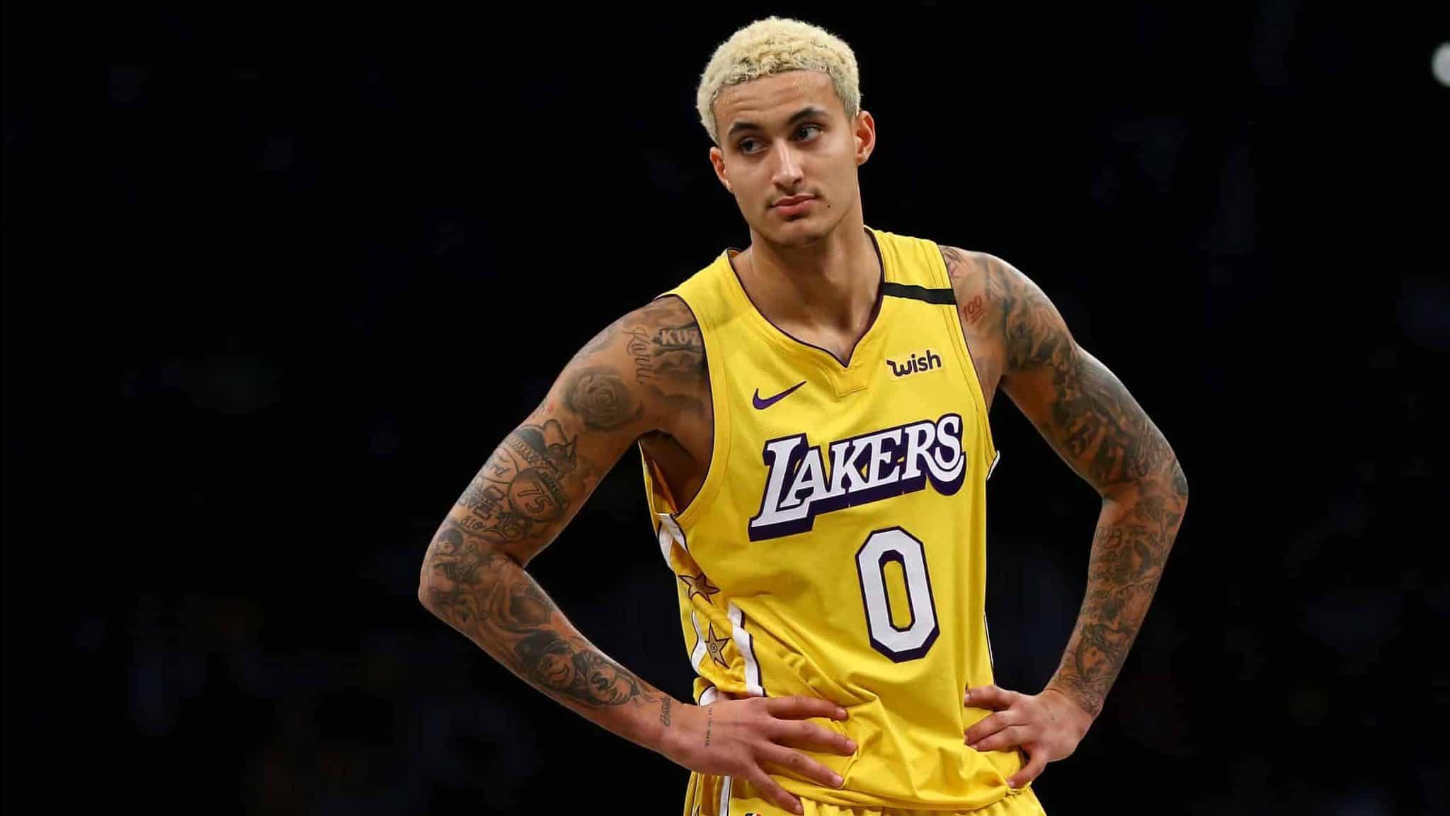 NEW YORK, NEW YORK - JANUARY 23: Kyle Kuzma #0 of the Los Angeles Lakers in action against the Brooklyn Nets at Barclays Center on January 23, 2020 in New York City. NOTE TO USER: User expressly acknowledges and agrees that, by downloading and or using this photograph, User is consenting to the terms and conditions of the Getty Images License Agreement.