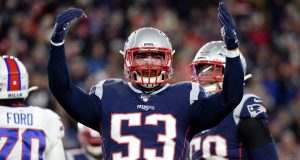 FOXBOROUGH, MASSACHUSETTS - DECEMBER 21: Kyle Van Noy #53 of the New England Patriots celebrates during the first half against the Buffalo Bills in the game at Gillette Stadium on December 21, 2019 in Foxborough, Massachusetts.