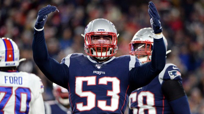 FOXBOROUGH, MASSACHUSETTS - DECEMBER 21: Kyle Van Noy #53 of the New England Patriots celebrates during the first half against the Buffalo Bills in the game at Gillette Stadium on December 21, 2019 in Foxborough, Massachusetts.