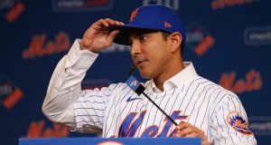NEW YORK, NY - JANUARY 24: Luis Rojas speaks after being introduced as the new manager of the New York Mets at Citi Field on January 24, 2020 in New York City. Rojas had been the Mets quality control coach and was tapped as a replacement after the newly hired Carlos Beltrán was implicated for his role as a player in 2017 in the Houston Astros sign-stealing scandal.