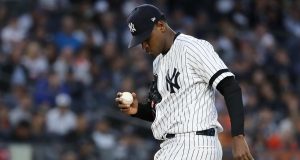NEW YORK, NEW YORK - OCTOBER 15: Luis Severino #40 of the New York Yankees reacts during the fifth inning against the Houston Astros in game three of the American League Championship Series at Yankee Stadium on October 15, 2019 in New York City.