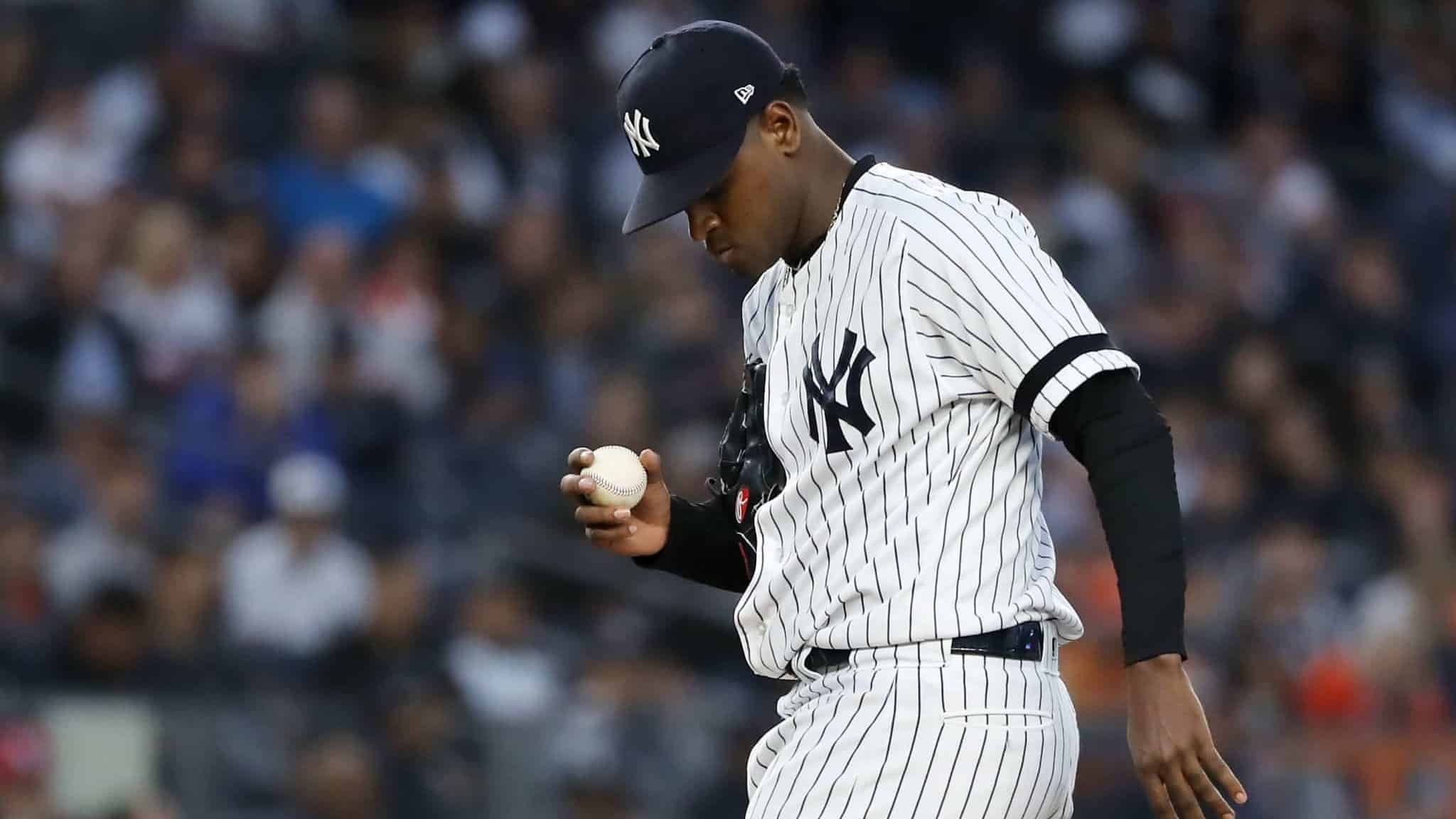 NEW YORK, NEW YORK - OCTOBER 15: Luis Severino #40 of the New York Yankees reacts during the fifth inning against the Houston Astros in game three of the American League Championship Series at Yankee Stadium on October 15, 2019 in New York City.