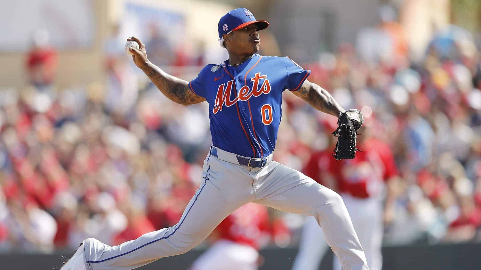 JUPITER, FLORIDA - FEBRUARY 22: Marcus Stroman #0 of the New York Mets delivers a pitch in the second inning of a Grapefruit League spring training game at Roger Dean Stadium on February 22, 2020 in Jupiter, Florida.