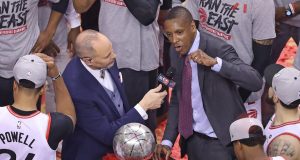 TORONTO, ON - MAY 25: Toronto Raptors General Manager Masai Ujiri addresses the crowd after defeating the Milwaukee Bucks in Game Six of the NBA Eastern Conference Final at Scotiabank Arena on May 25, 2019 in Toronto, Ontario, Canada. NOTE TO USER: user expressly acknowledges and agrees by downloading and/or using this Photograph, user is consenting to the terms and conditions of the Getty Images Licence Agreement.
