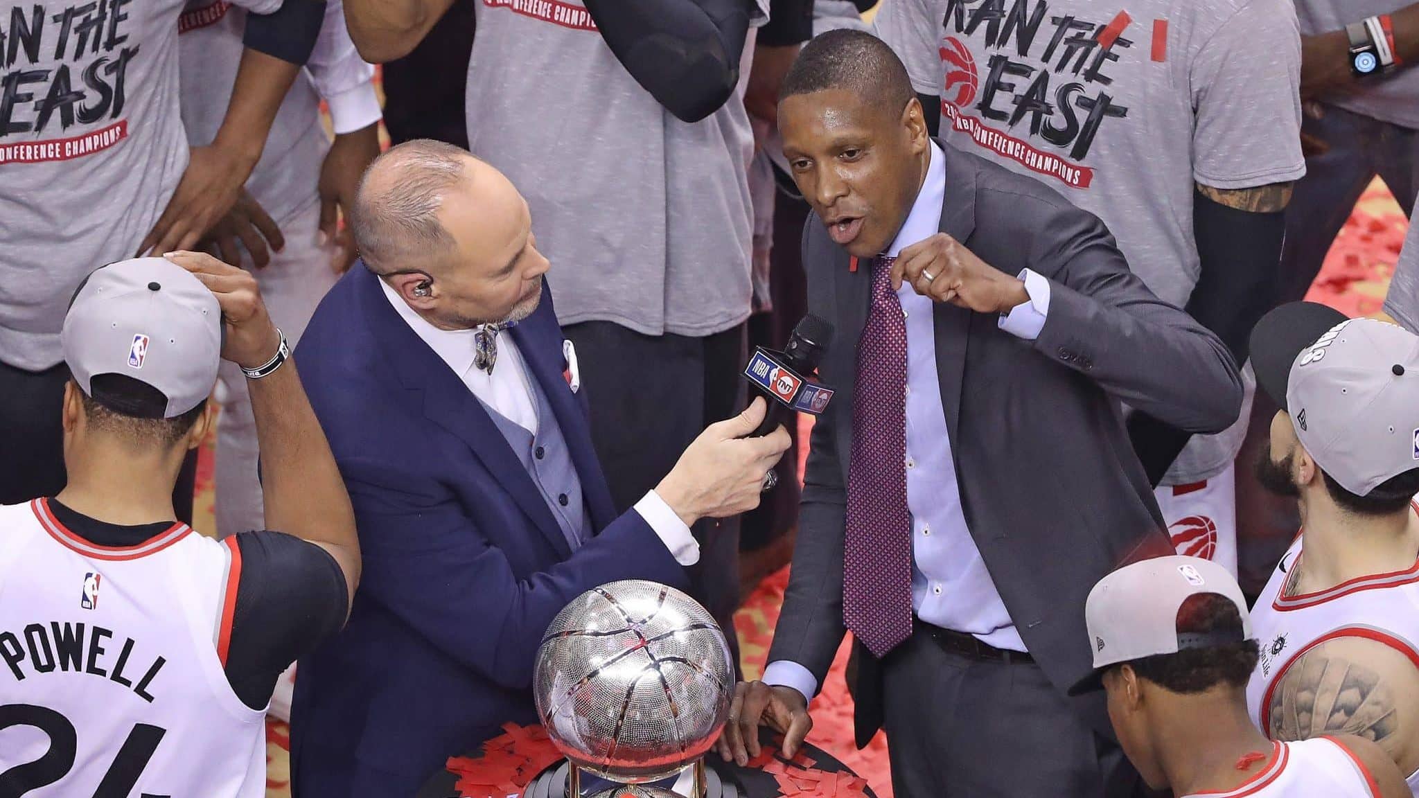 TORONTO, ON - MAY 25: Toronto Raptors General Manager Masai Ujiri addresses the crowd after defeating the Milwaukee Bucks in Game Six of the NBA Eastern Conference Final at Scotiabank Arena on May 25, 2019 in Toronto, Ontario, Canada. NOTE TO USER: user expressly acknowledges and agrees by downloading and/or using this Photograph, user is consenting to the terms and conditions of the Getty Images Licence Agreement.