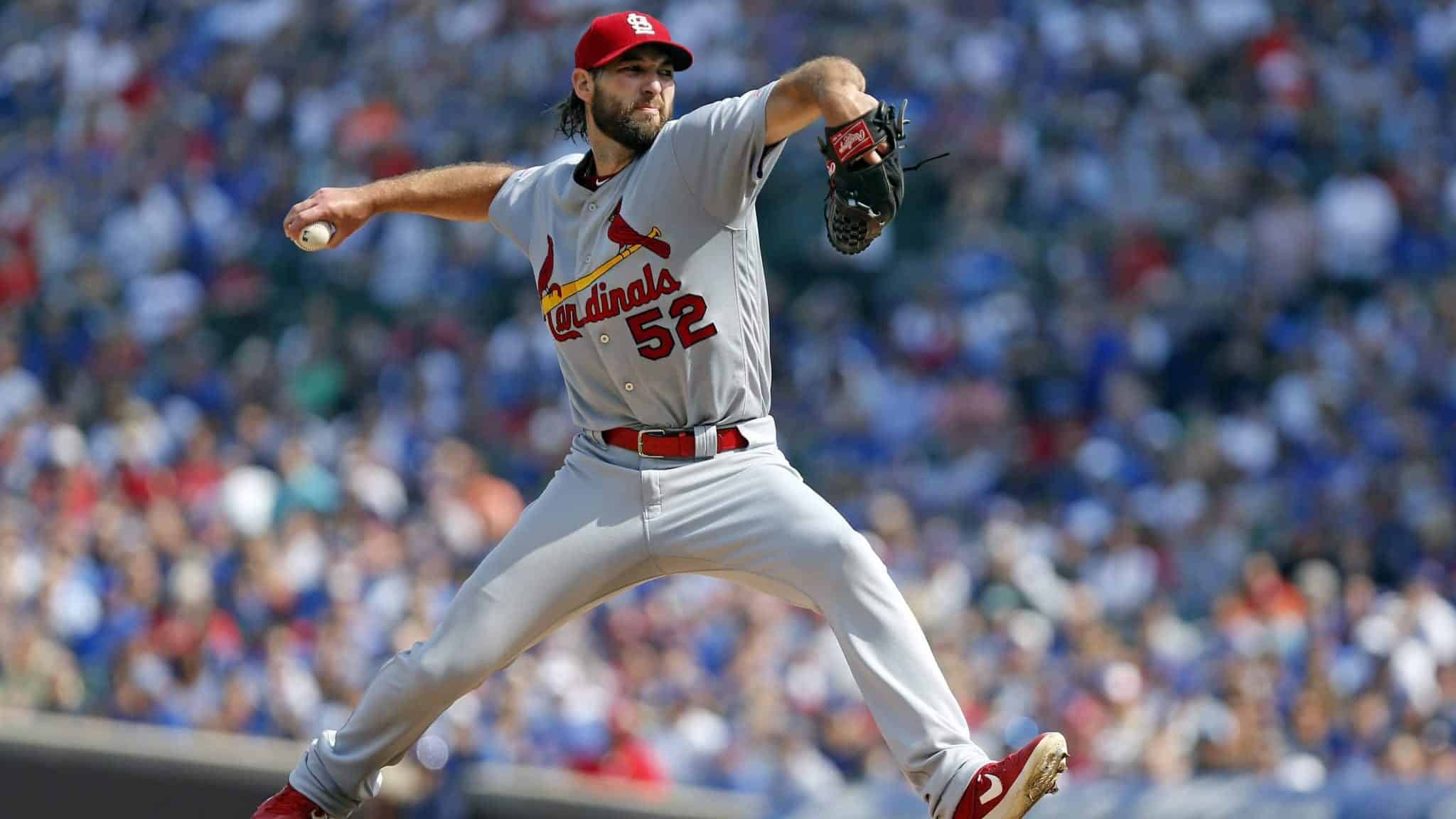 CHICAGO, ILLINOIS - SEPTEMBER 20: Michael Wacha #52 of the St. Louis Cardinals pitches in the second inning during the game against the Chicago Cubs at Wrigley Field on September 20, 2019 in Chicago, Illinois.