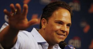 NEW YORK, NY - JULY 30: Mike Piazza talks with the media before the start of a game between the Colorado Rockies and New York Mets at Citi Field on July 30, 2016 in the Flushing neighborhood of the Queens borough of New York City. Piazza will have his number 31 retired by the Mets during a pre-game ceremony.