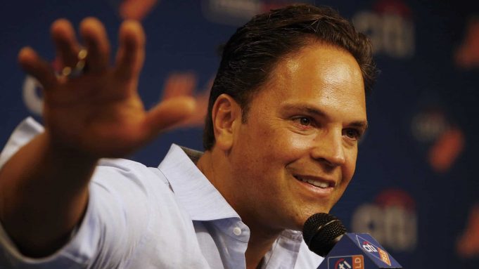 NEW YORK, NY - JULY 30: Mike Piazza talks with the media before the start of a game between the Colorado Rockies and New York Mets at Citi Field on July 30, 2016 in the Flushing neighborhood of the Queens borough of New York City. Piazza will have his number 31 retired by the Mets during a pre-game ceremony.