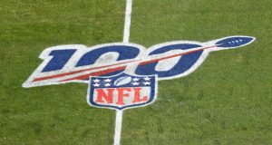 KANSAS CITY, MISSOURI - JANUARY 19: The NFL 100 year anniversary logo is seen on the field before the AFC Championship Game between the Kansas City Chiefs and the Tennessee Titans at Arrowhead Stadium on January 19, 2020 in Kansas City, Missouri.