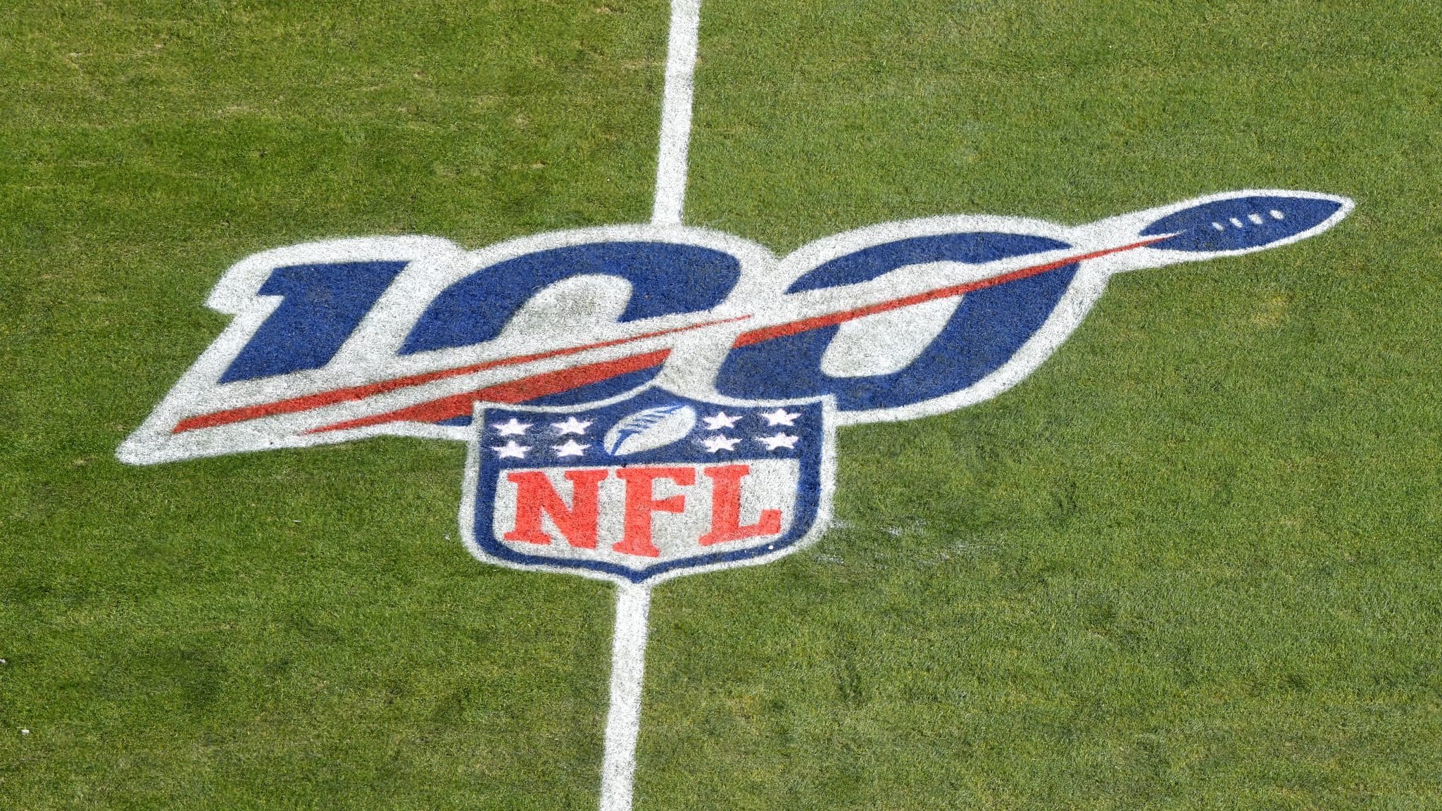 KANSAS CITY, MISSOURI - JANUARY 19: The NFL 100 year anniversary logo is seen on the field before the AFC Championship Game between the Kansas City Chiefs and the Tennessee Titans at Arrowhead Stadium on January 19, 2020 in Kansas City, Missouri.