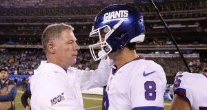 EAST RUTHERFORD, NEW JERSEY - NOVEMBER 04: Head coach Pat Shurmur of the New York Giants consoles Daniel Jones #8 after the loss to the Dallas Cowboys at MetLife Stadium on November 04, 2019 in East Rutherford, New Jersey.The Dallas Cowboys defeated the New York Giants 37-18.