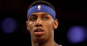 NEW YORK, NEW YORK - FEBRUARY 12: RJ Barrett #9 of the New York Knicks looks on in the second half against the Washington Wizards at Madison Square Garden on February 12, 2020 in New York City.The Washington Wizards defeated the New York Knicks 114-96. NOTE TO USER: User expressly acknowledges and agrees that, by downloading and or using this photograph, User is consenting to the terms and conditions of the Getty Images License Agreement.