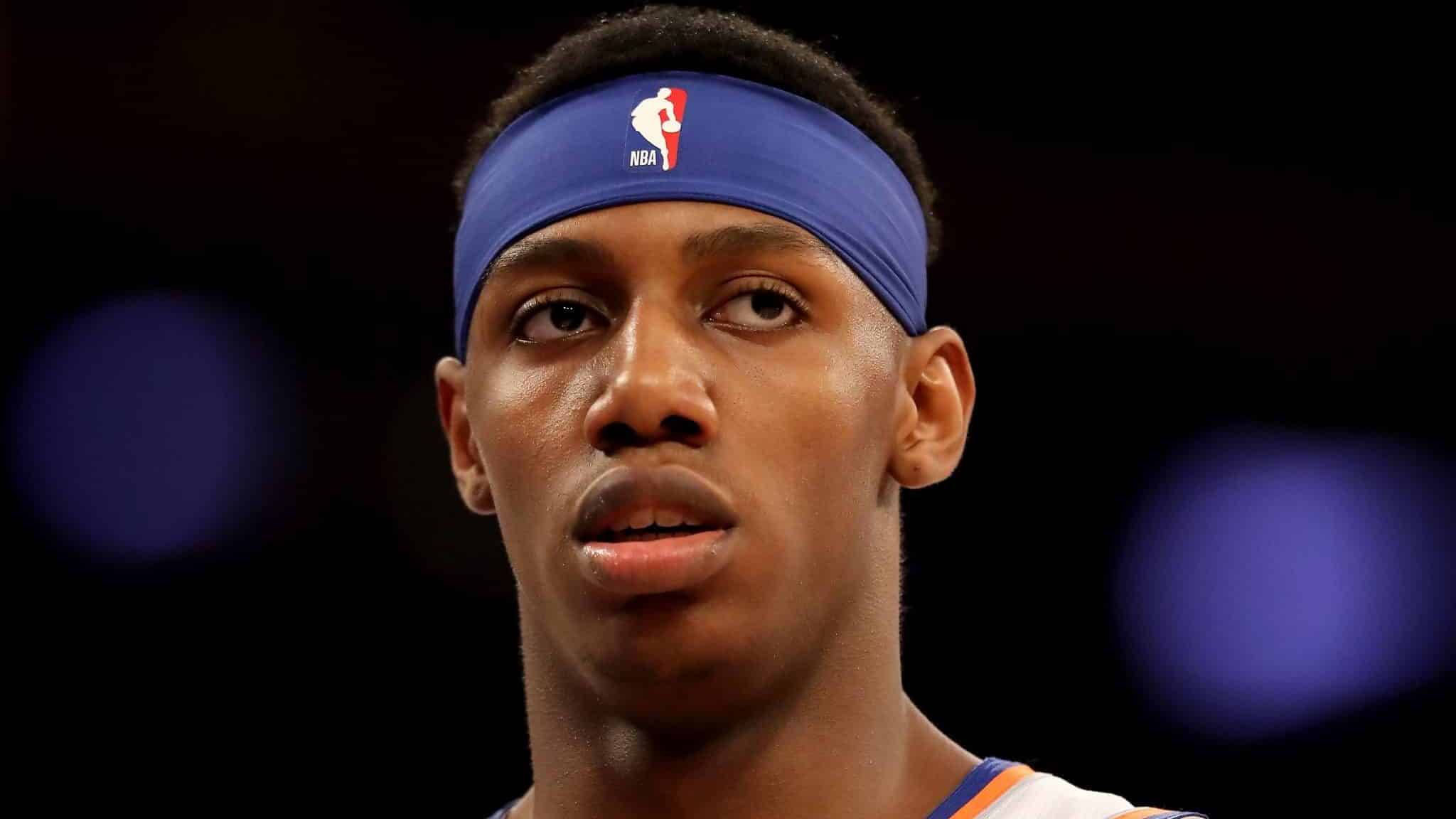NEW YORK, NEW YORK - FEBRUARY 12: RJ Barrett #9 of the New York Knicks looks on in the second half against the Washington Wizards at Madison Square Garden on February 12, 2020 in New York City.The Washington Wizards defeated the New York Knicks 114-96. NOTE TO USER: User expressly acknowledges and agrees that, by downloading and or using this photograph, User is consenting to the terms and conditions of the Getty Images License Agreement.