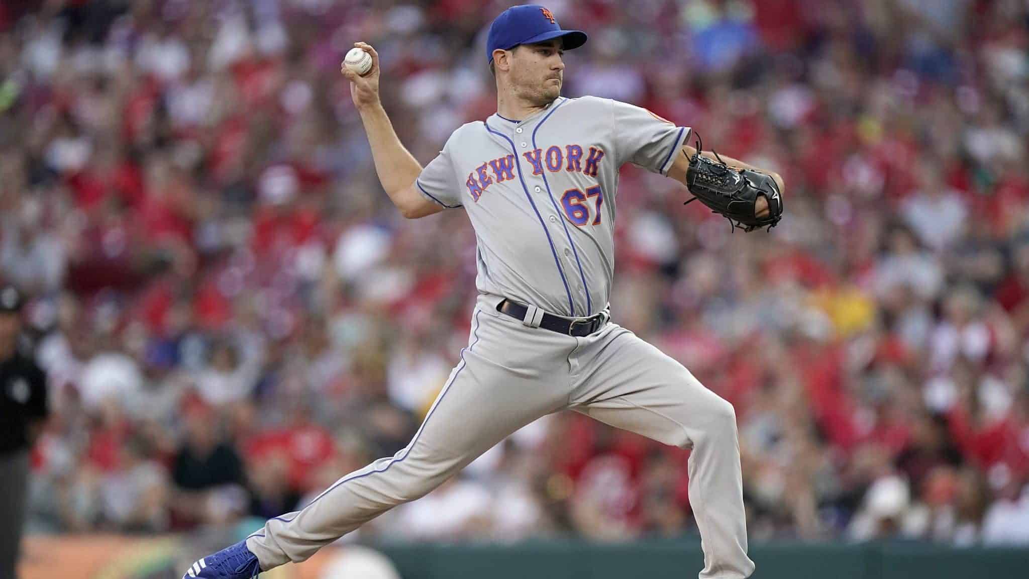 CINCINNATI, OHIO - SEPTEMBER 21: Seth Lugo #67 of the New York Mets pitches during the game against the Cincinnati Reds at Great American Ball Park on September 21, 2019 in Cincinnati, Ohio.