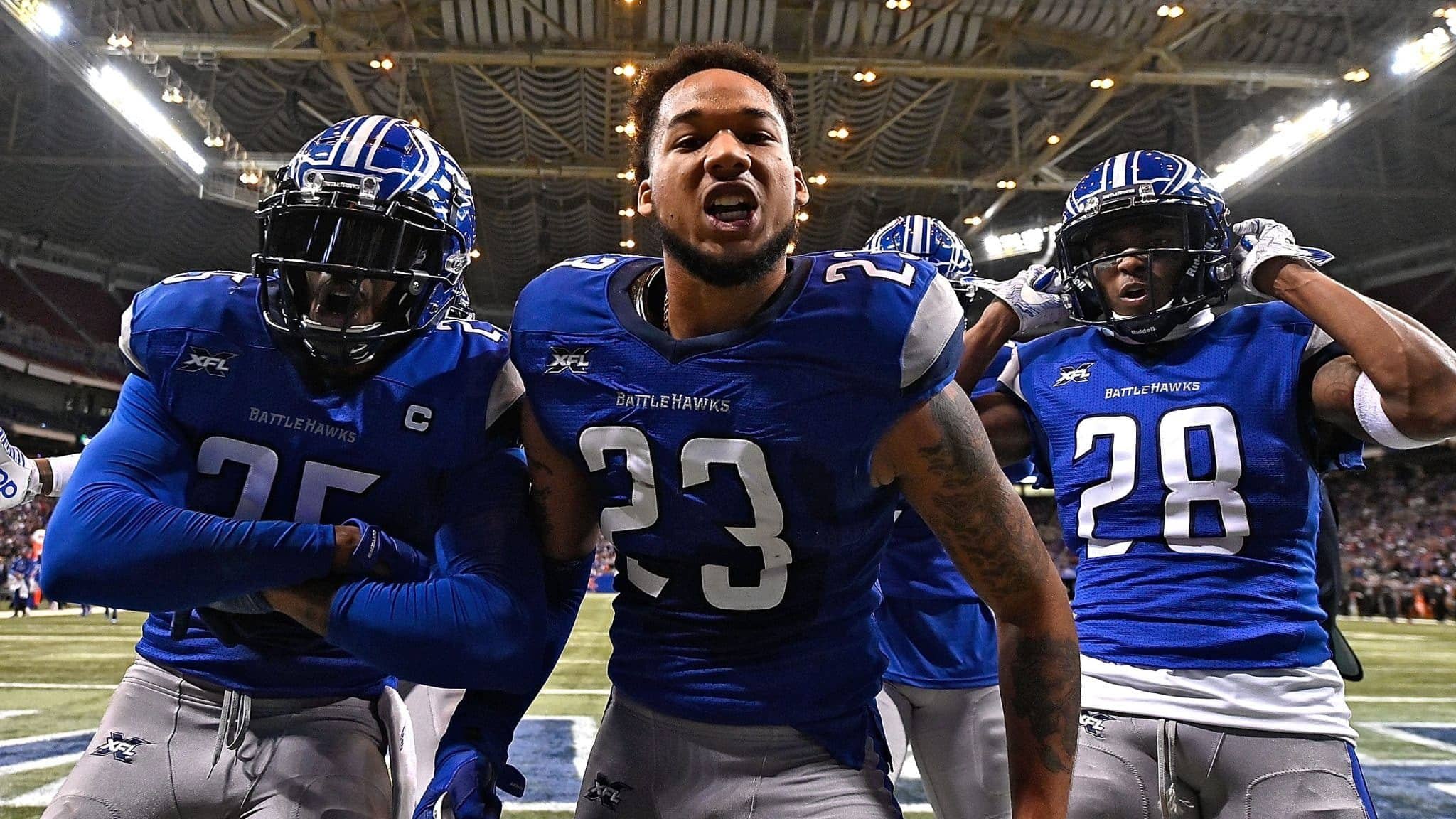 ST LOUIS, MO - FEBRUARY 23: Kenny Robinson #23 of the St. Louis Battlehawks celebrates with teammates after intercepting a pass during the first half of an XFL game against the NY Guardians at The Dome at America Center on February 23, 2020 in St Louis, Missouri.