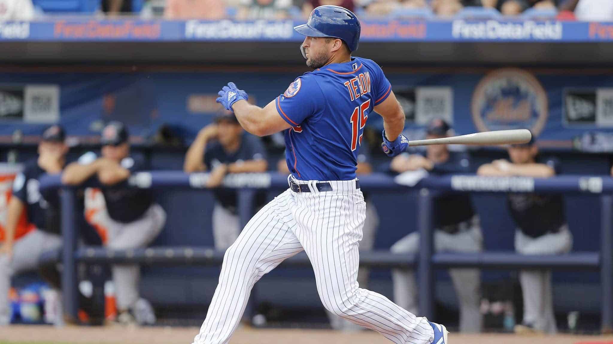 PORT ST. LUCIE, FLORIDA - FEBRUARY 23: Tim Tebow #15 of the New York Mets at bat against the Atlanta Braves during the Grapefruit League spring training game at First Data Field on February 23, 2019 in Port St. Lucie, Florida.