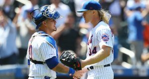 NEW YORK, NEW YORK - MAY 02: Noah Syndergaard #34 of the New York Mets celebrates with Wilson Ramos #40 after pitching a complete game shutout against the Cincinnati Reds at Citi Field on May 02, 2019 in the Queens borough of New York City. New York Mets defeated the Cincinnati Reds 1-0.