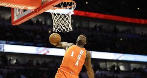 Team USA forward Zion Williamson, of the New Orleans Pelicans, goes up for a dunk against Team World during the second half of the NBA Rising Stars basketball game in Chicago, Friday, Feb. 14, 2020.