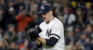 NEW YORK, NEW YORK - OCTOBER 18: James Paxton #65 of the New York Yankees reacts after retiring the Houston Astros during the sixth inning in game five of the American League Championship Series at Yankee Stadium on October 18, 2019 in New York City.
