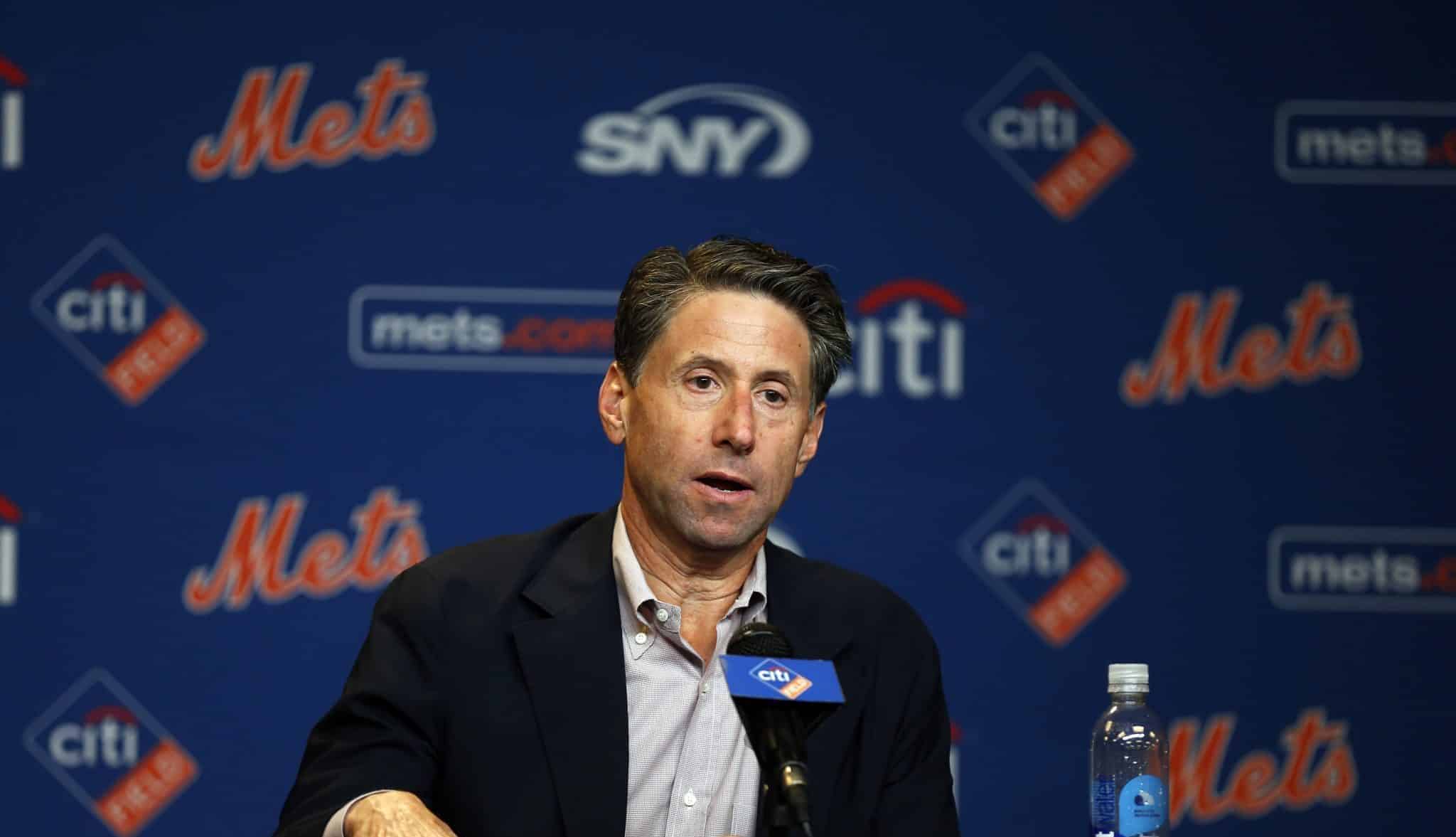 NEW YORK, NY - SEPTEMBER 30: New York Mets COO Jeff Wilpon speaks to the media prior to a game against the Miami Marlins at Citi Field on September 30, 2018 in the Flushing neighborhood of the Queens borough of New York City.