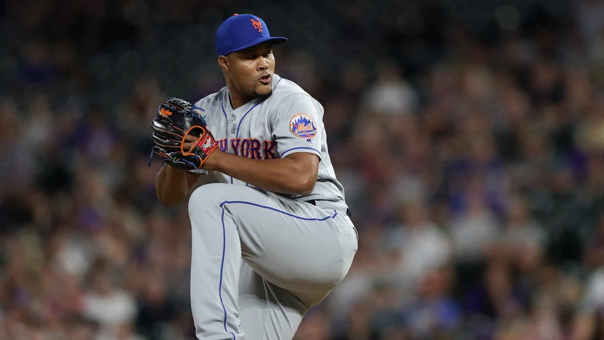 DENVER, COLORADO - SEPTEMBER 16: Pitcher Jeurys Familia #27 of the New York Mets throws in the sixth inning against the Colorado Rockies at Coors Field on September 16, 2019 in Denver, Colorado.