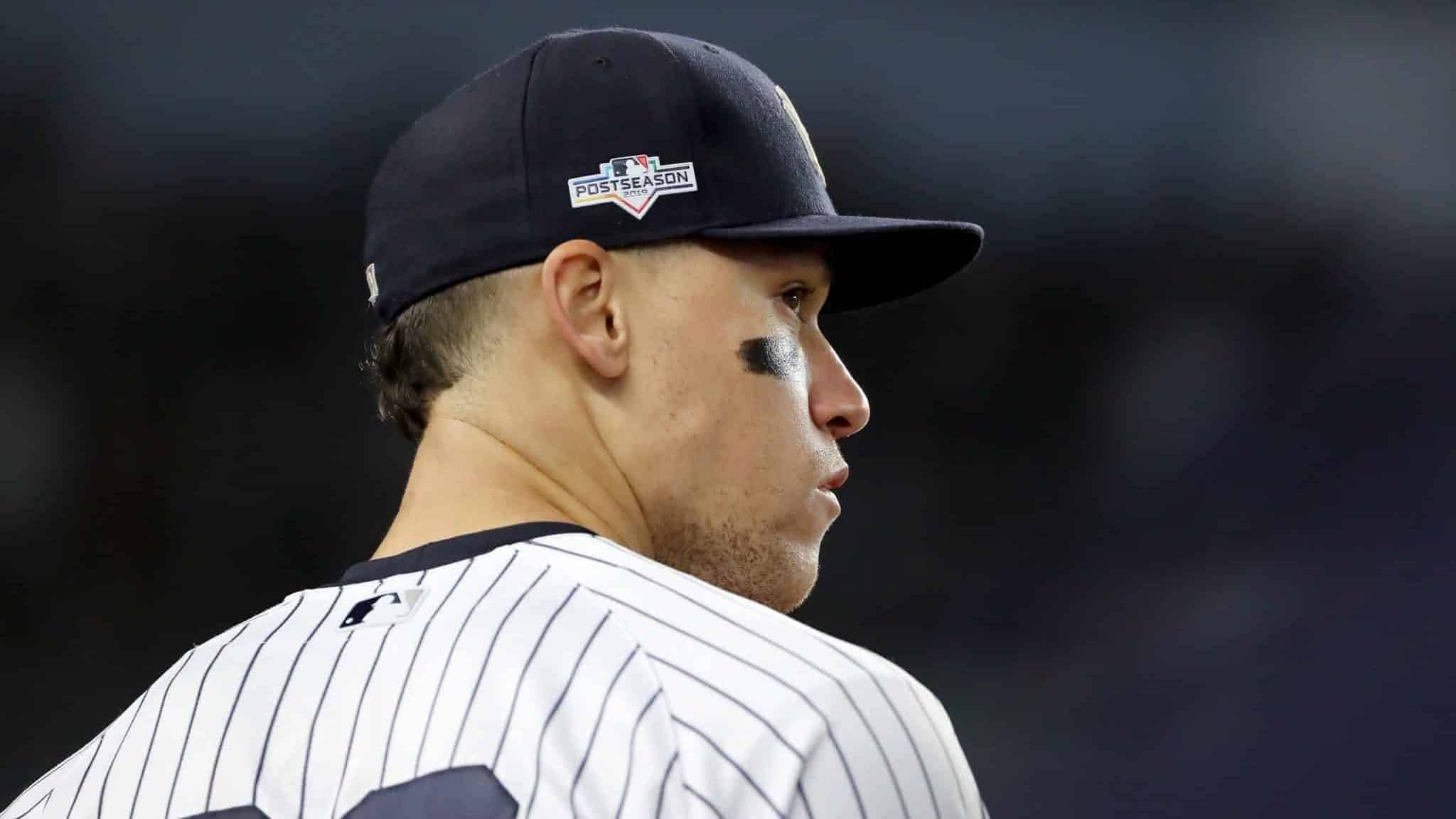 NEW YORK, NEW YORK - OCTOBER 18: Aaron Judge #99 of the New York Yankees looks on against the Houston Astros during the eighth inning in game five of the American League Championship Series at Yankee Stadium on October 18, 2019 in New York City.