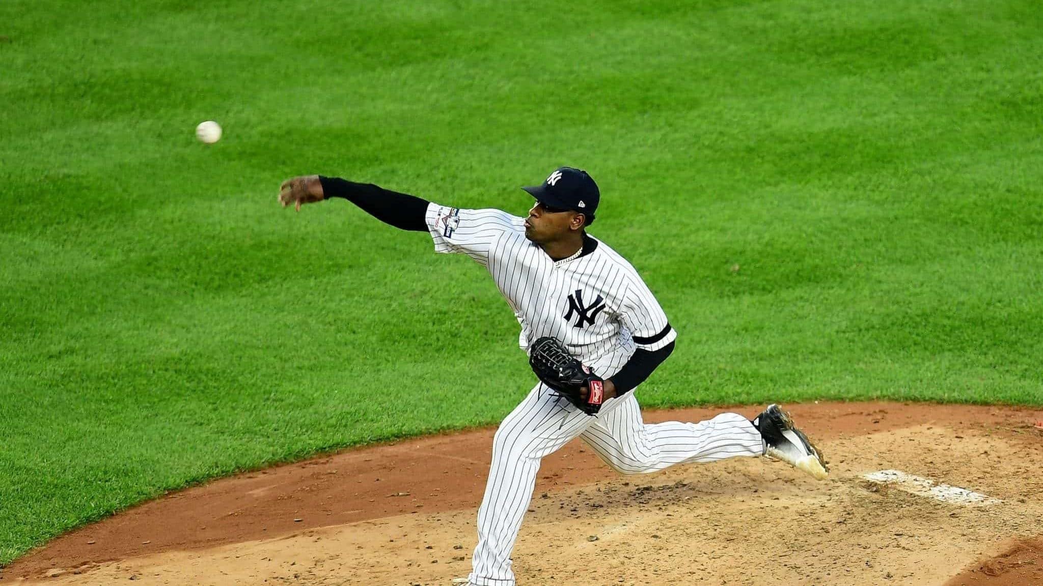 NEW YORK, NEW YORK - OCTOBER 15: Luis Severino #40 of the New York Yankees delivers a pitch in the fifth inning of their game against the Houston Astros during game three of the American League Championship Series at Yankee Stadium on October 15, 2019 in the Bronx borough of New York City.