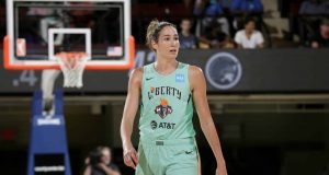 WHITE PLAINS, NY- AUGUST 13: Rebecca Allen #9 of the New York Liberty looks on. during the game against the Minnesota Lynx on August 13, 2019 at the Westchester County Center, in White Plains, New York. NOTE TO USER: User expressly acknowledges and agrees that, by downloading and or using this photograph, User is consenting to the terms and conditions of the Getty Images License Agreement. Mandatory Copyright Notice: Copyright 2019 NBAE